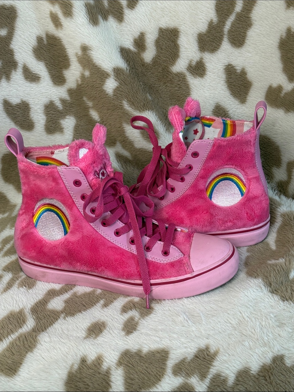 Care Bears Pink Fuzzy High-Top Sneakers with Rainbow Patch